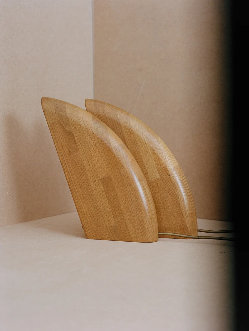 Set of 2 Vintage French Artisanal Table Lamps in Solid Oak Wood C. 1980, 1980s