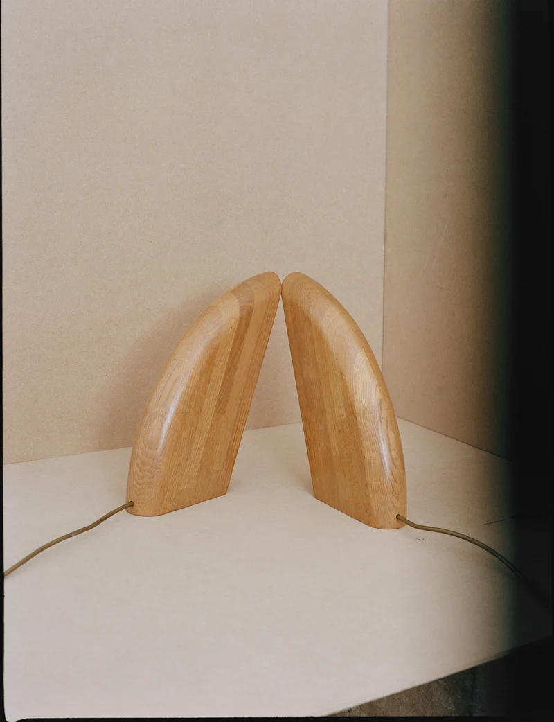 Set of 2 Vintage French Artisanal Table Lamps in Solid Oak Wood C. 1980, 1980s