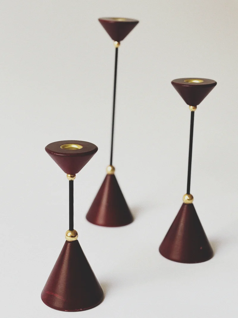 Set of Postmodern Candle Holders in Wood and Metal