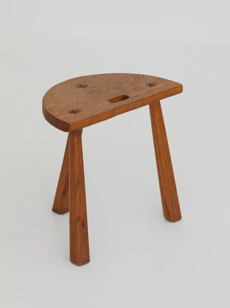 Two French Artisanal Solid Wood Half-moon Tripod Stools, Circa 1950