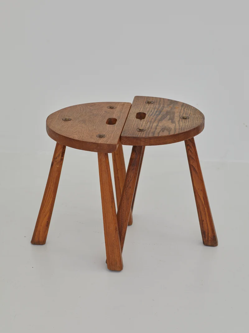 Two French Artisanal Solid Wood Half-moon Tripod Stools, Circa 1950