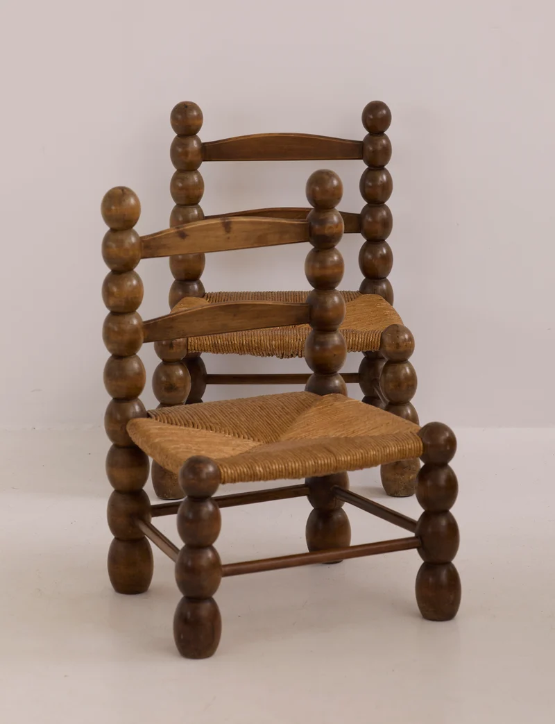 Vintage French Oak Wood and Straw Low Chair C. 1940