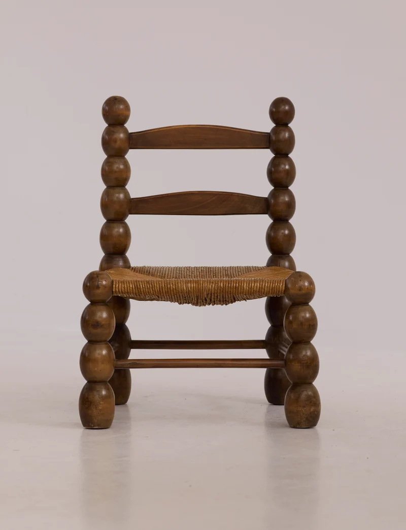 Vintage French Oak Wood and Straw Low Chair C. 1940