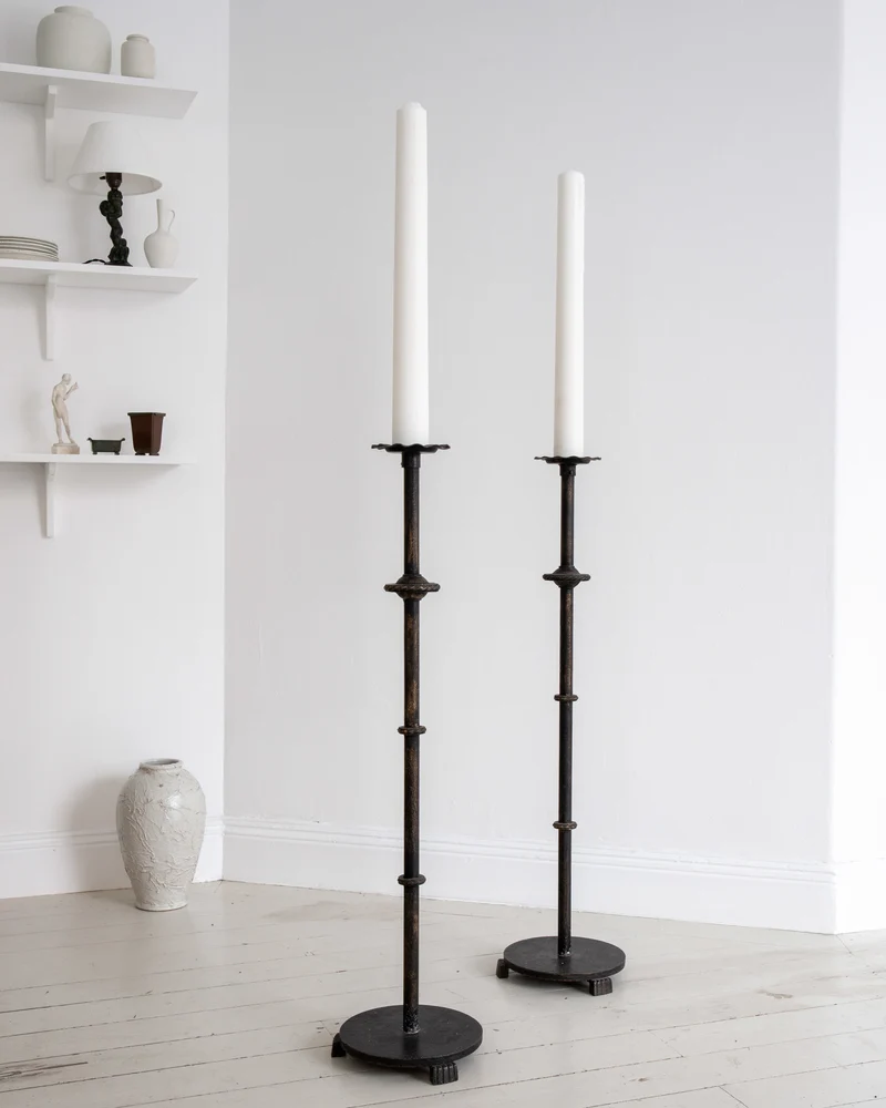 Pair of Monumental Cast Iron Floor Candleholders by Böhlmarks, Sweden, 1930s