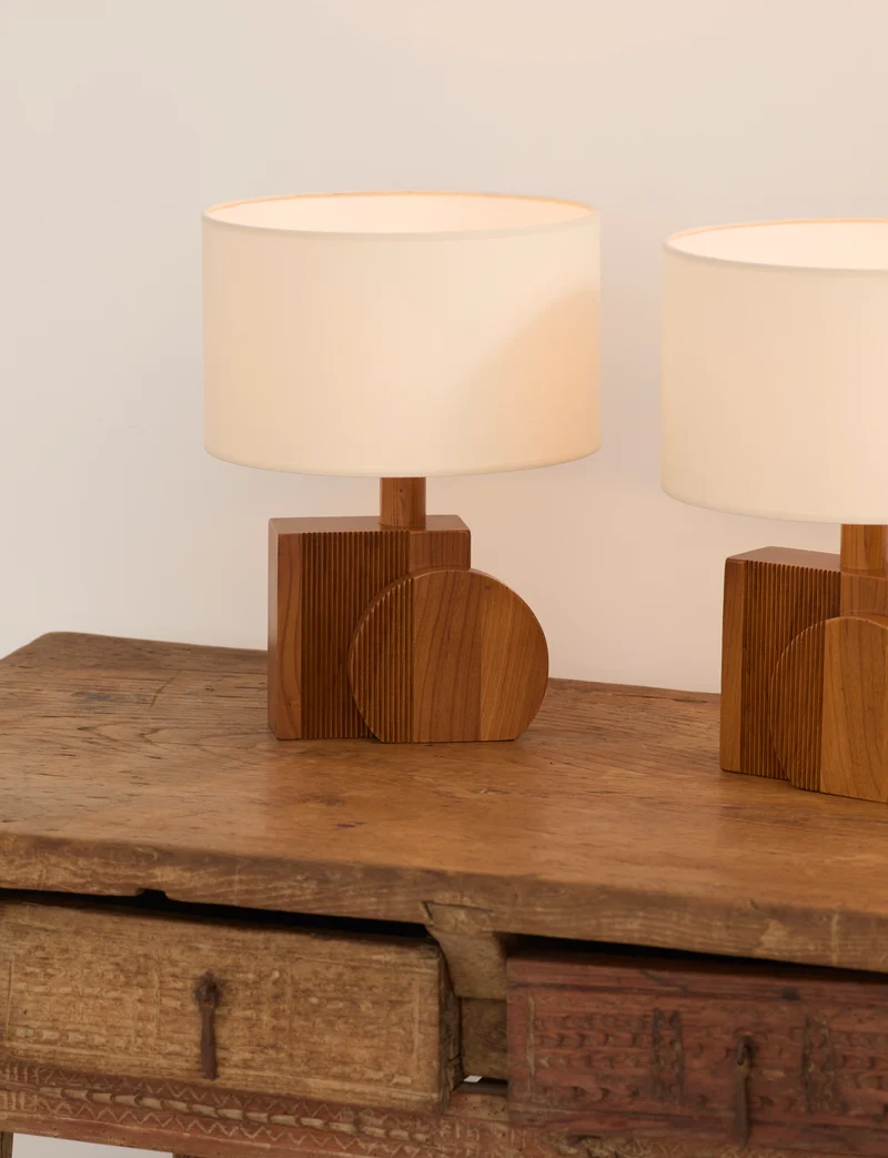 Set of 2 Vintage Artisanal Table Lamps In Solid Wood From France c. 1970