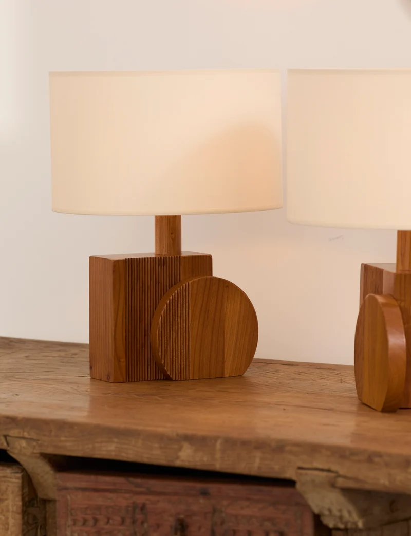 Set of 2 Vintage Artisanal Table Lamps In Solid Wood From France c. 1970