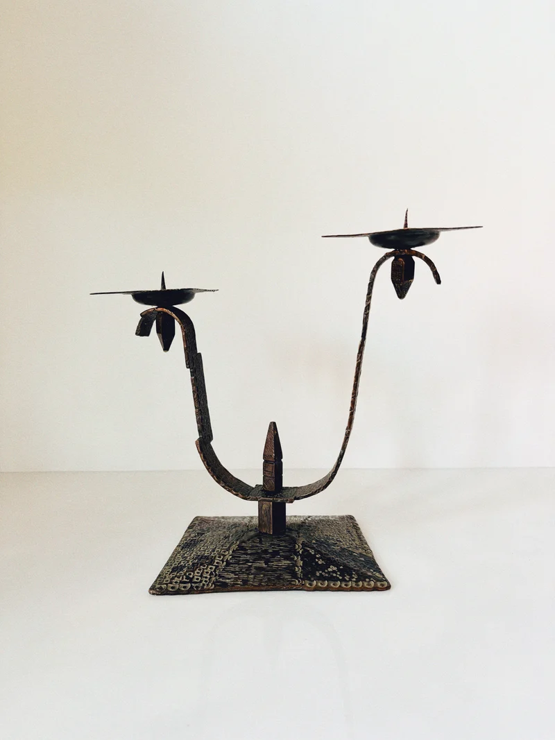 Hammered Metal 2 Arm Candlestick, Poland Mid Century