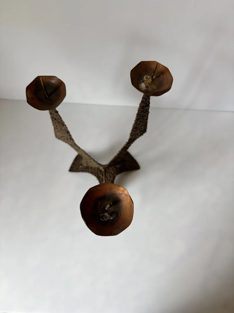 Large Brutalist Molten Metal Geometric Metal Candlestick, Poland Mid Century