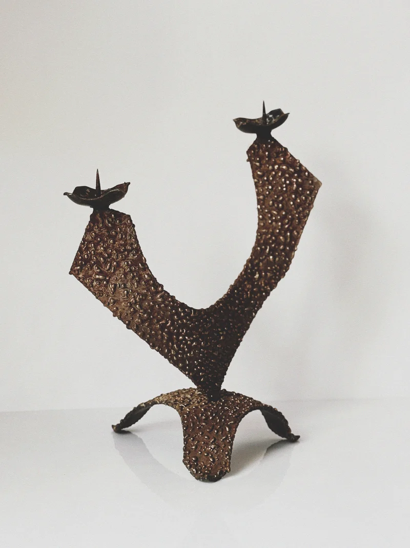 Brutalist 2 Arm Sculptural Metal Candlestick, Poland Mid Century