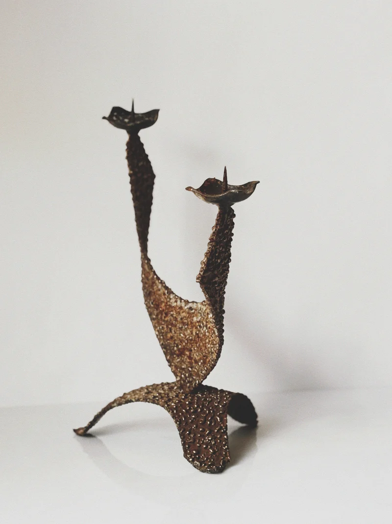 Brutalist 2 Arm Sculptural Metal Candlestick, Poland Mid Century