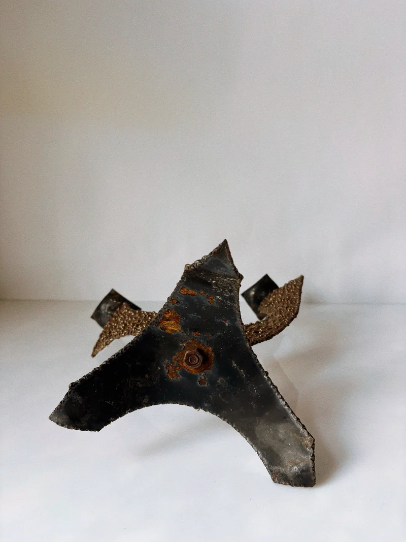 Brutalist 2 Arm Sculptural Metal Candlestick, Poland Mid Century