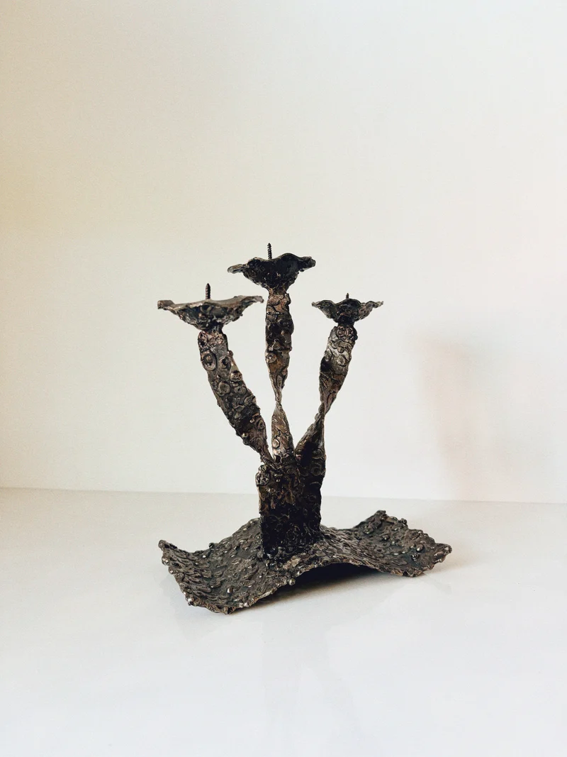 Molten Metal Sculptural 3 Arm Candlestick, Brutalist Poland