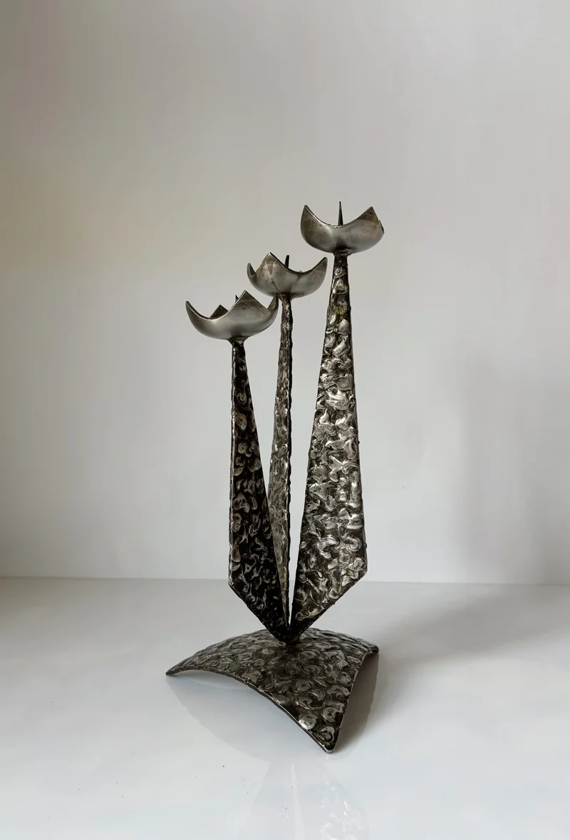 Brutalist Steel 3 Arm Metal Candlestick, Poland Mid Century