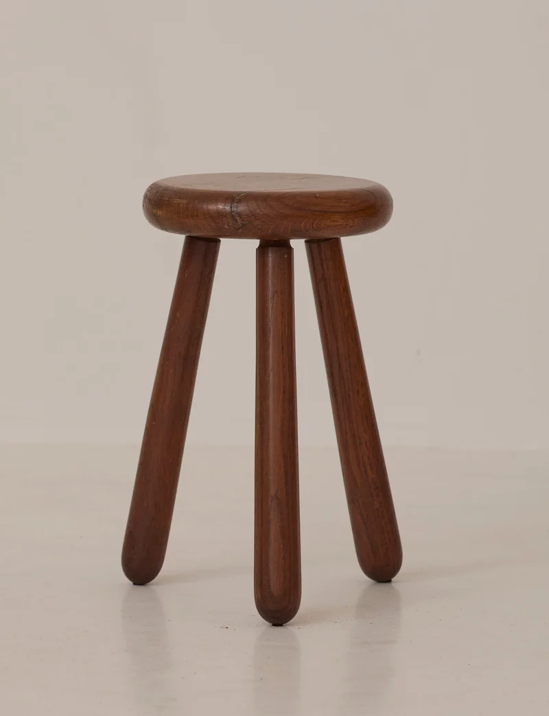 Vintage Brutalist Tripod Stool Handcrafted in Solid Oak Wood C. 1960