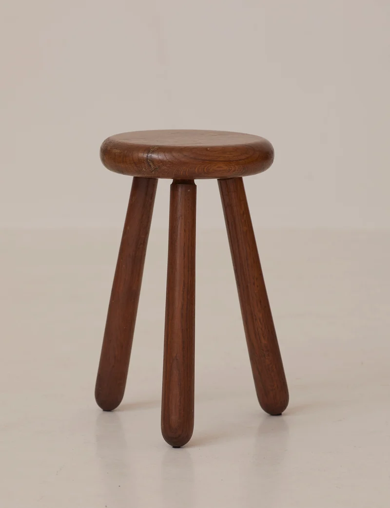 Vintage Brutalist Tripod Stool Handcrafted in Solid Oak Wood C. 1960