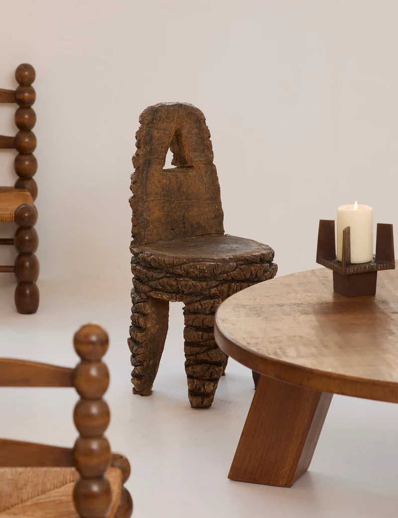 Small Artisanal Brutalist Chair in Solid Palm Tree C. 1970