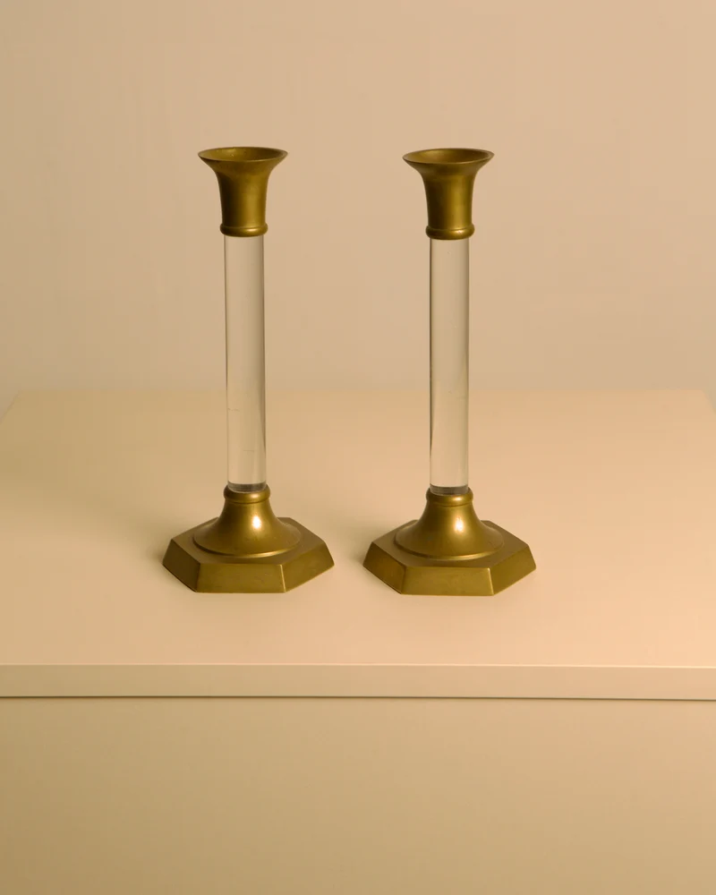 Pair of Italian Brass and Lucite Candlesticks, 1960s
