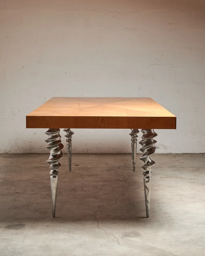 Post-Modern Table with Marquetry Top and Cast Aluminum Legs, 1980's