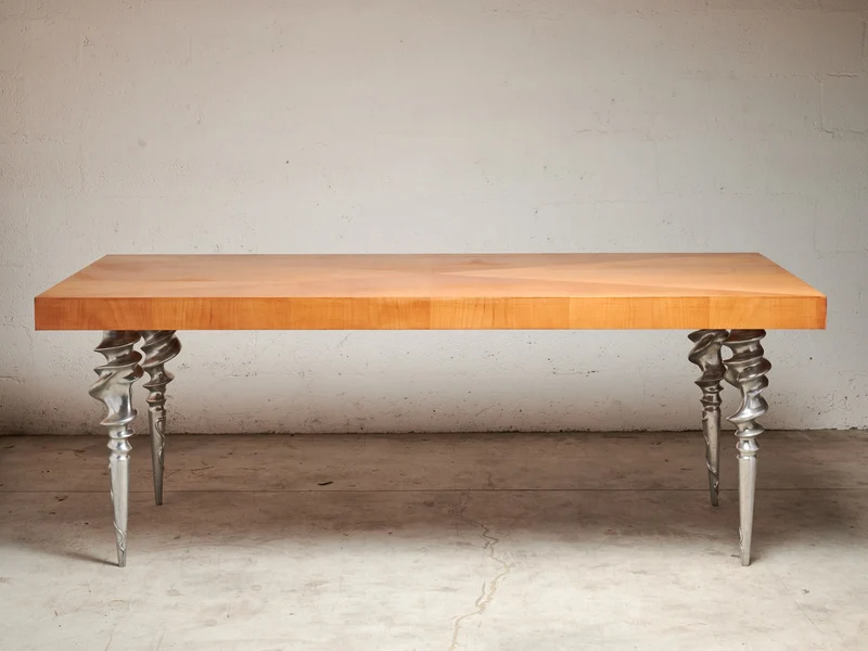 Post-Modern Table with Marquetry Top and Cast Aluminum Legs, 1980's