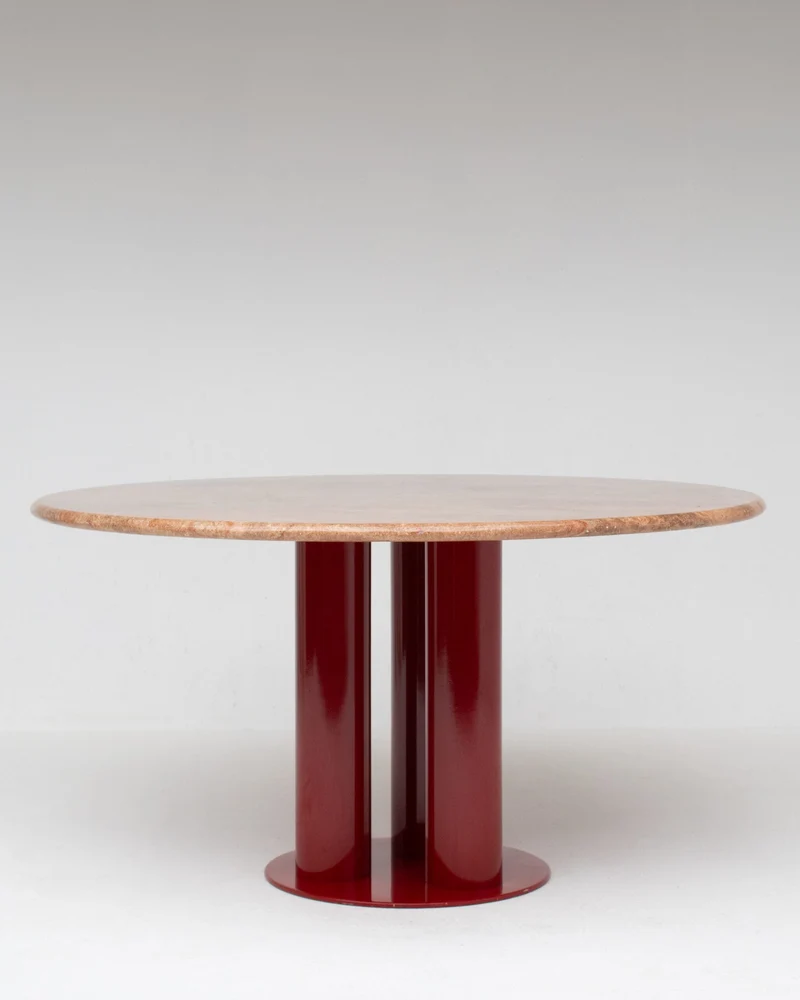Round Marble Dining Table with Burgundy Lacquered Base