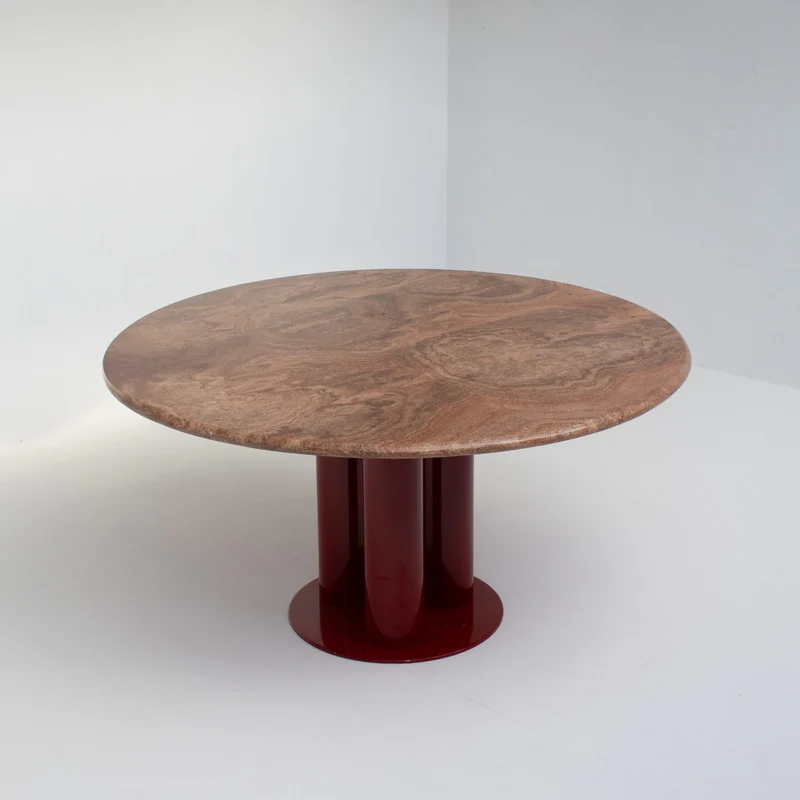 Round Marble Dining Table with Burgundy Lacquered Base