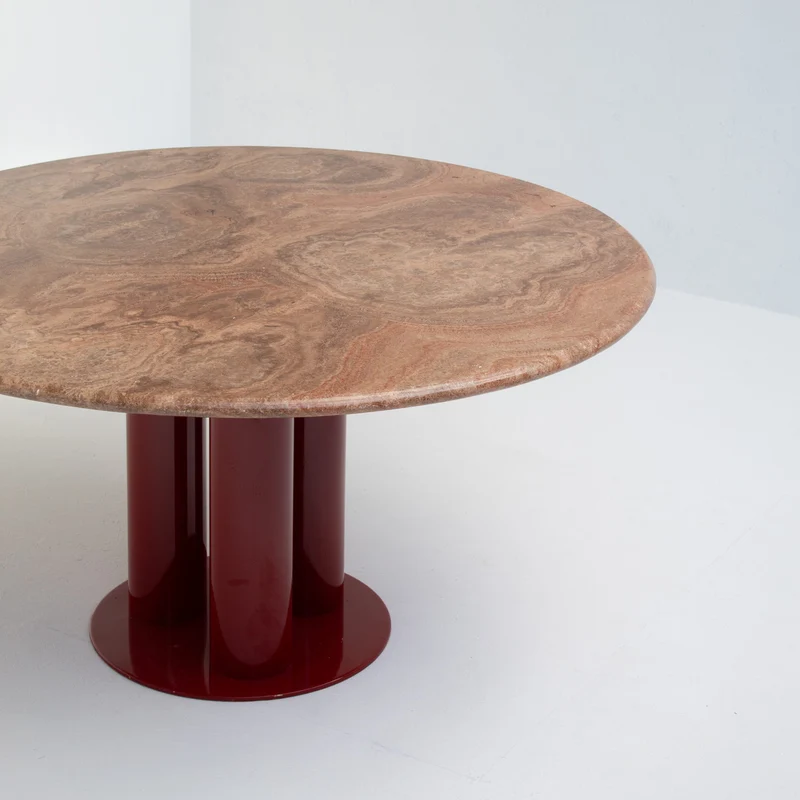 Round Marble Dining Table with Burgundy Lacquered Base