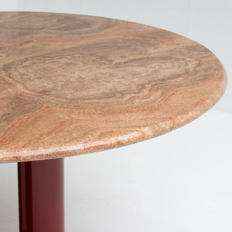 Round Marble Dining Table with Burgundy Lacquered Base