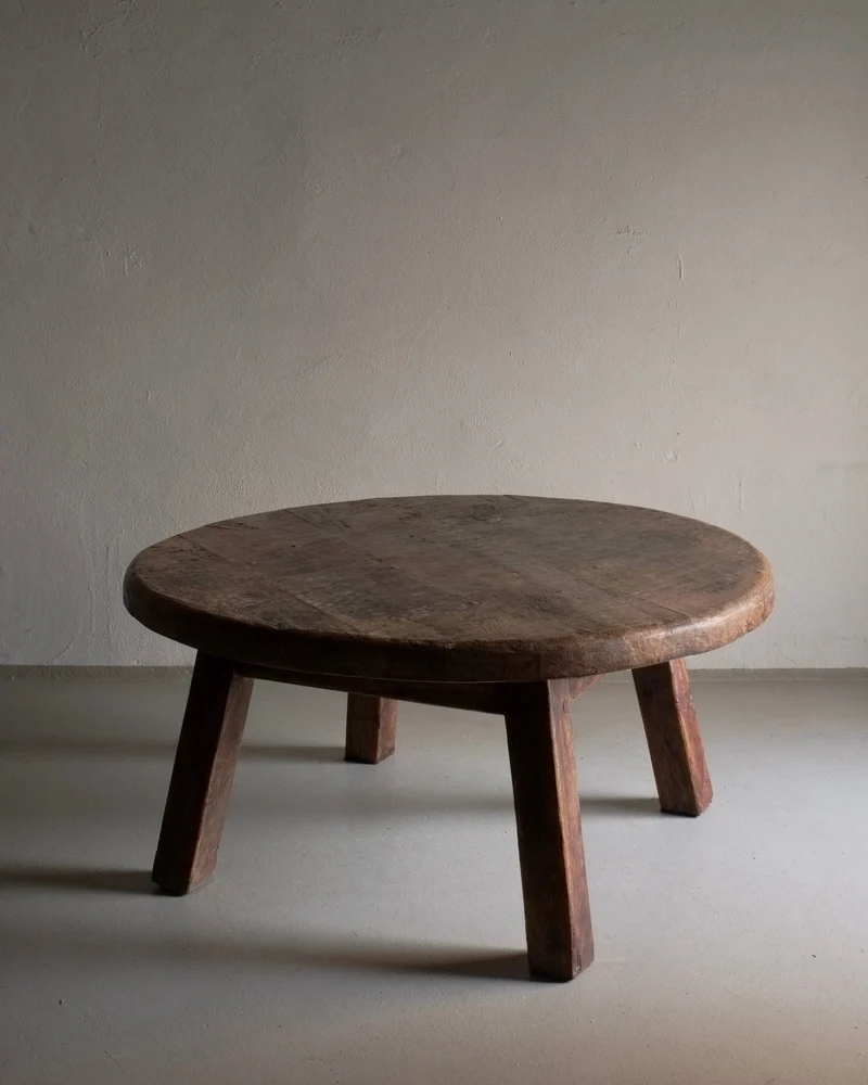 Brutalist Oak Round Coffee Table | Belgium | 1950s