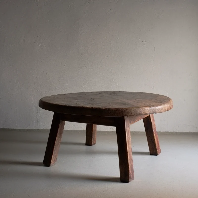 Brutalist Oak Round Coffee Table | Belgium | 1950s