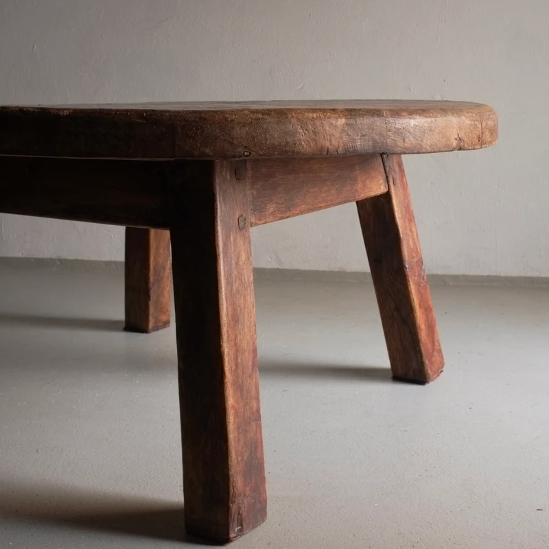 Brutalist Oak Round Coffee Table | Belgium | 1950s