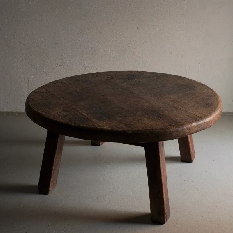 Brutalist Oak Round Coffee Table | Belgium | 1950s
