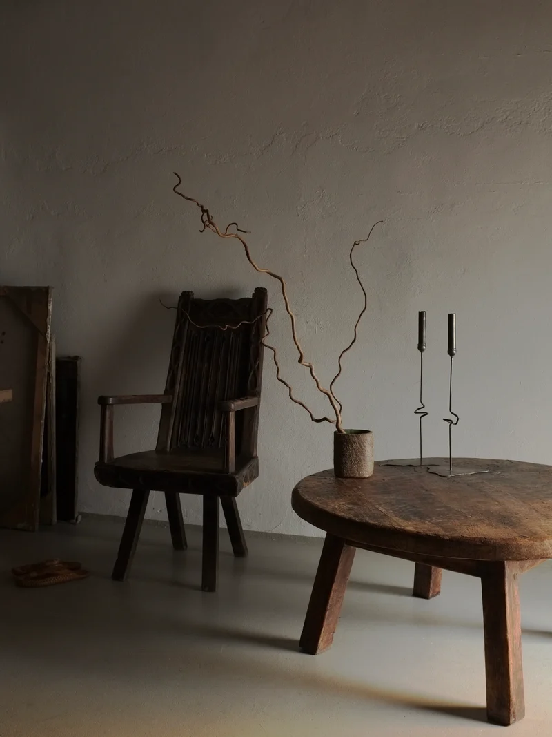 Brutalist Oak Round Coffee Table | Belgium | 1950s