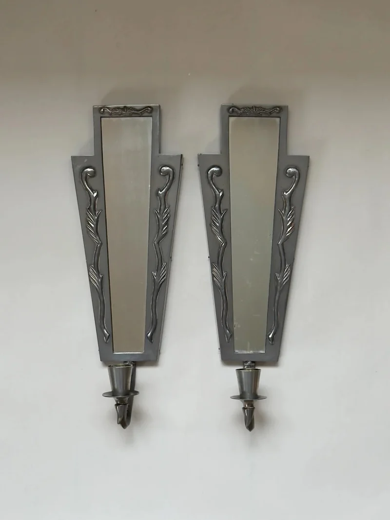 Pair of Swedish Grace Pewter Candle Sconces with Mirrors