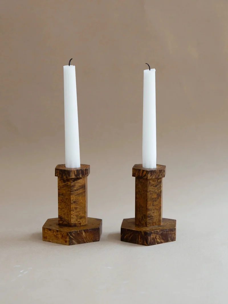 1930s Hexagonal Candlesticks in Elm Burl