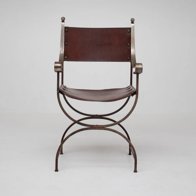 French pair of Iron Curule Chairs in Leather