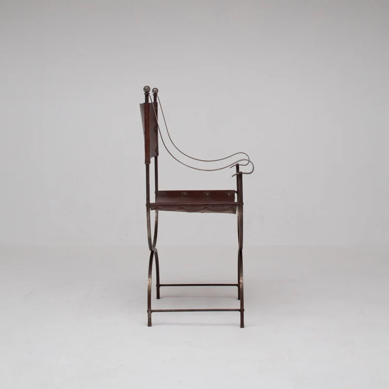 French pair of Iron Curule Chairs in Leather