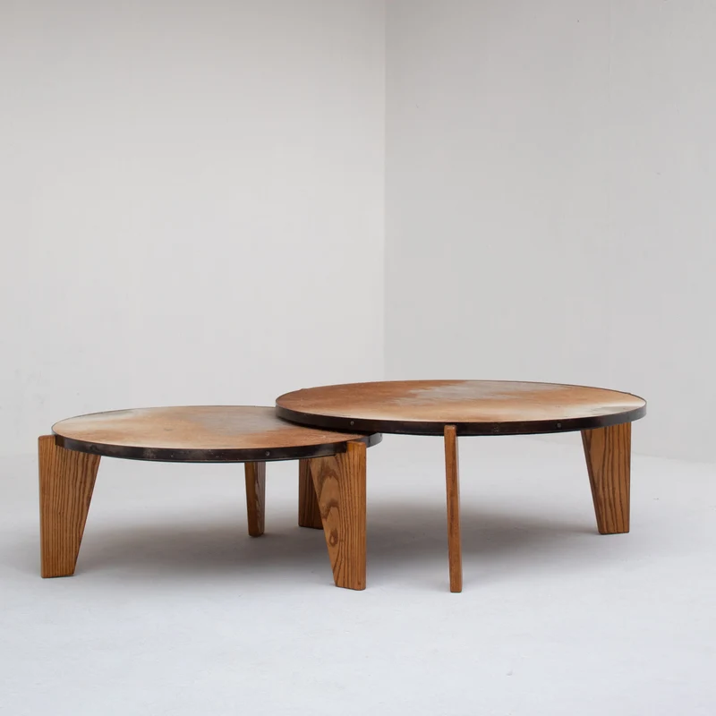 2 Coffee Tables in Wood and Cowhide