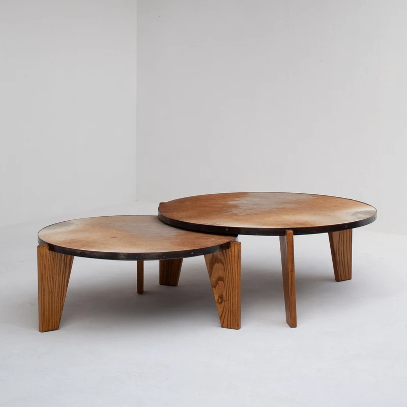 2 Coffee Tables in Wood and Cowhide