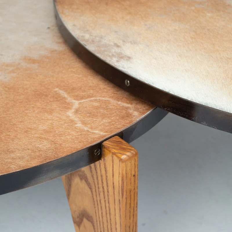 2 Coffee Tables in Wood and Cowhide