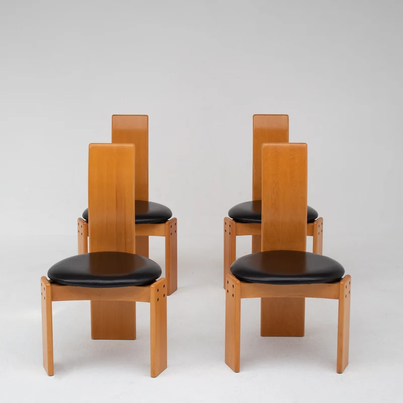 Set of Dining Chairs in Wood and Leather by Mario Marenco for Mobil Girgi