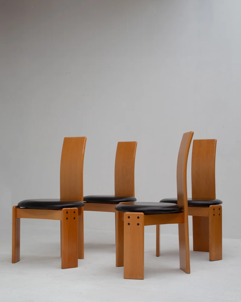Set of Dining Chairs in Wood and Leather by Mario Marenco for Mobil Girgi