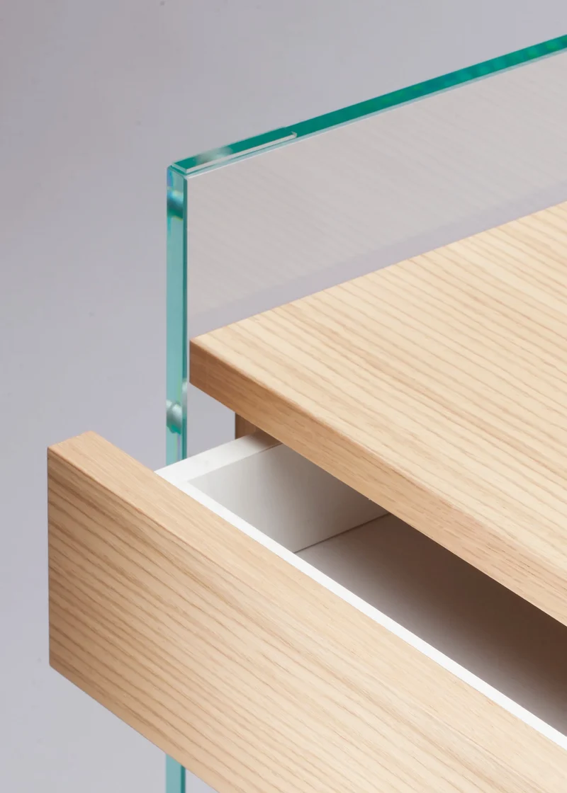 Bureau Console Zen 13 | Verre Trempé, Tiroir Bois et Poignée Cuir
