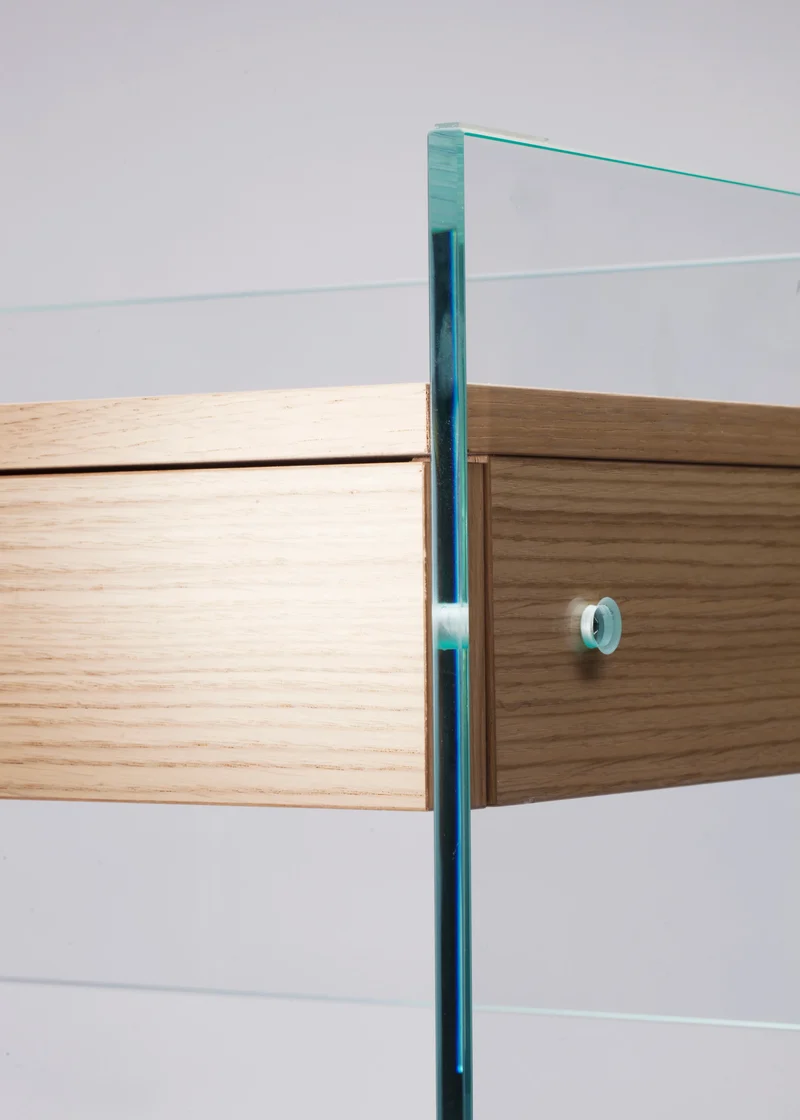 Bureau Console Zen 13 | Verre Trempé, Tiroir Bois et Poignée Cuir