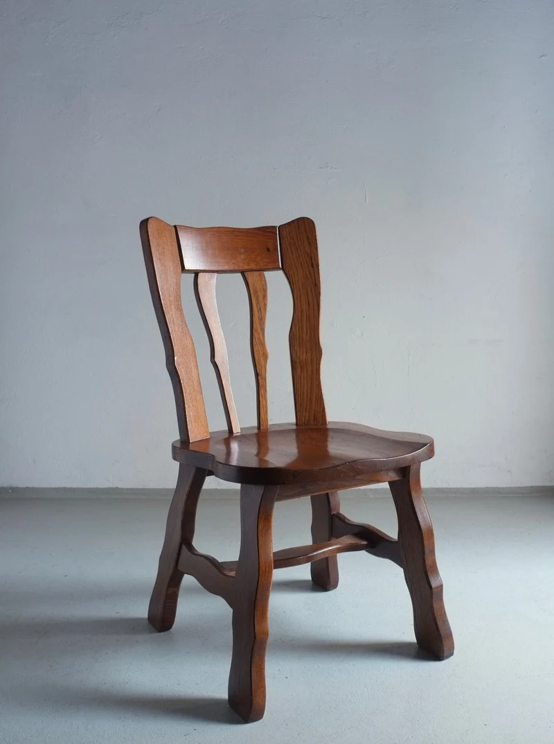 2 Brutalist Carved Oak Dining Chairs 1970s