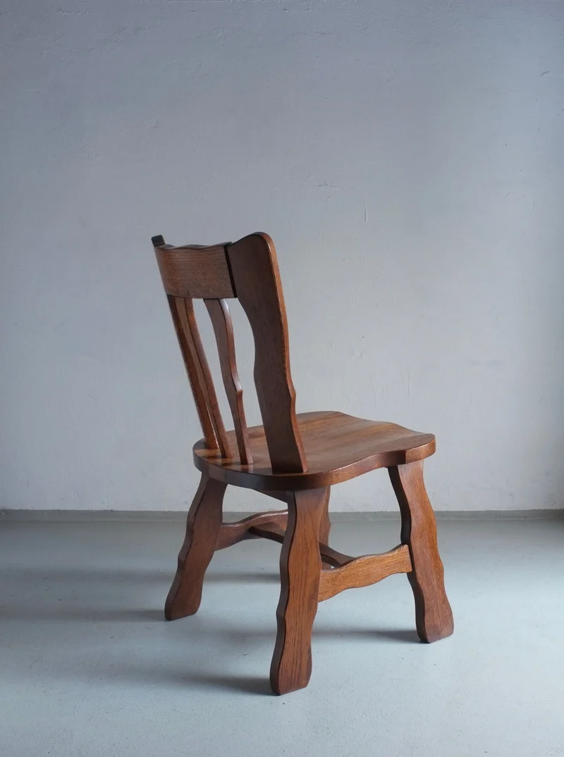 2 Brutalist Carved Oak Dining Chairs 1970s