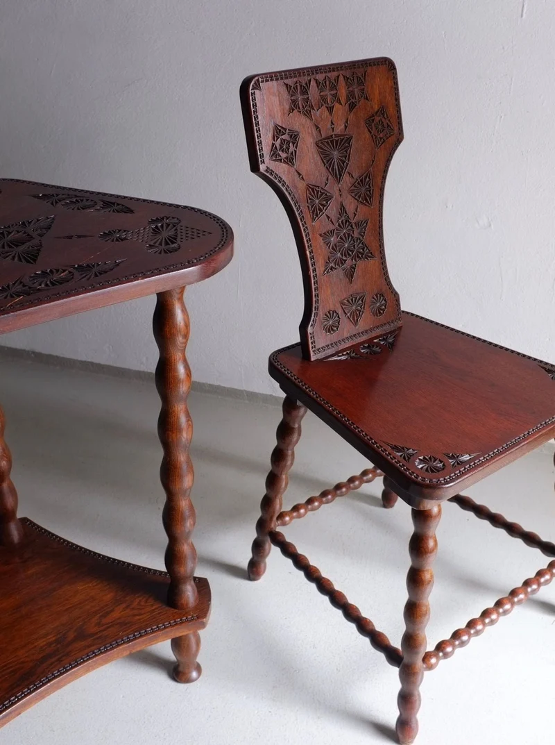 Carved Wood Bobbin Chair and Table Set | Sweden | 1960s