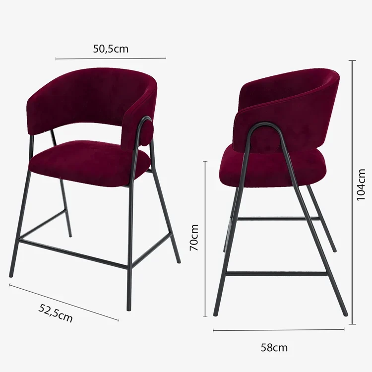 Lot de 2 tabourets de bar avec dossier, velours bordeaux Bonnie