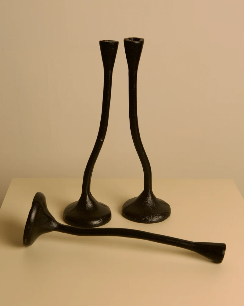 Set of 3 "Twisted" Candleholders in Black Cast Aluminum, 80s
