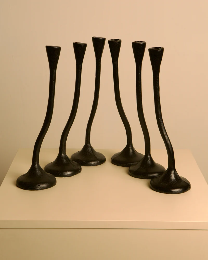 Set of 5 "Twisted" Candleholders in Black Cast Aluminum, 80s