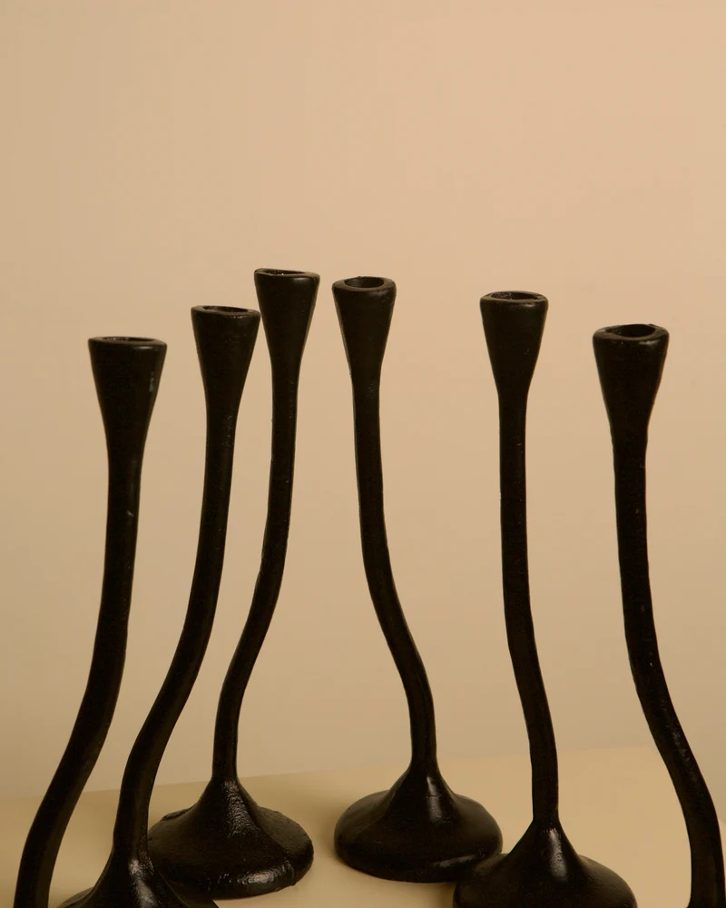 Set of 5 "Twisted" Candleholders in Black Cast Aluminum, 80s